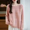 Suéter de Lana 100% Pura Listo para Usar de Primera Línea para Mujer, Otoño e Invierno, Cuello Redondo Bajo, Tejido a Crochet con Calados, Manga Larga, Camiseta Interior de Punto
