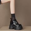 Sapatos de Couro Patente com Salto Ultra Alto de 12cm e Plataforma Grossa - Novo Estilo Primavera 2026 - Bico Redondo, Salto Bloco, Slip-On, com Aumento de Altura Oculto