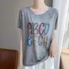 Camiseta feminina de verão mais vendida em liocel com estampa de letras, modelagem solta, simples e chique, casual, estilo coreano, versátil