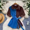 Camisa de mezclilla transpirable tipo patchwork coreano, amigable con la piel, que moldea la cintura para mujer, estilo maduro ligero, con cordones, adelgazante, top versátil para figuras petite