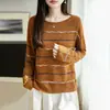 Suéter de seda a rayas de estilo suave y brillante para mujer, cuello redondo, holgado, ajustado, tejido de punto, versátil para primavera y otoño, se puede usar solo o como capa base