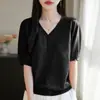 Novedad Primavera Verano 2025 Estilo V Cuello Tencel Manga Corta Mujer Corte Holgado, Adelgazante, Moderno, Casual y Versátil Tops y Camisetas