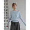 Suéter de punto de manga larga asimétrico color azul claro ummoimo para mujer, estilo suave de otoño, top de dos piezas falsas con manga murciélago