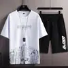 Conjunto de Camiseta de Manga Curta Masculino Verão Novo Estampa Montanha de Neve Moda Tendência Estilo Coreano Slim Tamanho Grande Esportivo Conjunto de Duas Peças