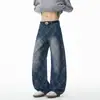 Jeans retro de cuadros azules desgastados para hombre, pantalones plisados de pierna curva vintage lavados de la alta calle americana de otoño