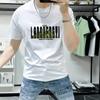 Lan Sheng Yi Camiseta de manga curta masculina gola redonda moda verão moda impressão de letras masculina slim-fit meia manga casual all-match camiseta