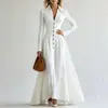 Comercio exterior transfronterizo verano europeo y americano nuevo estilo vestido camisa de manga larga para mujer con cuello camisero, botones, entallado en la cintura y falda larga elegante