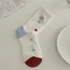 Calcetines de gatito con bloques de color rojo y blanco para mujer, calcetines de media pantorrilla, calcetines de algodón de malla primavera-verano, con lunares, estilo universitario de moda, calcetines lindos para mujer
