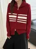Chaqueta cárdigan de punto a rayas con cuello para mujer, nuevo estilo otoño 2026, corte holgado, adelgazante, corta, top casual con doble cremallera