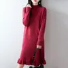 Vestido de tricô 100% lã com renda em folha de lótus para mulheres, comprimento médio, gola semimang alta, mangas compridas, sem botões, corte solto, vestido de peça única