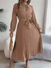 Amazon Transfronterizo Primavera y Otoño Nueva Ropa de Mujer Color Sólido Cuello Alto Manga Larga Cintura Plisada Ceñidor Elegante Vestido