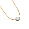 Cadena para Clavícula de Hueso de Serpiente de Dos Tonos Oro y Plata de Doble Capa para Mujer, con una Sola Perla Plana, Estilo de Lujo Ligero y Nicho
