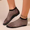 Sandalias de malla transpirable para mujer, sin cordones, punta redonda y abierta, con huecos y pedrería, para comercio exterior transfronterizo, sandalias de playa de caña baja para mujer