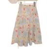 Conjunto de Manga Curta com Estampa Floral de Desenho Animado para Meninas de Meia-Idade e Mais Velhas, Novo Estilo de Verão, Conjunto de Duas Peças com Saia Longa Color Block Versátil Mori-kei
