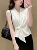 Camisa Elegante y de Moda Estilo Francés, Versátil, sin Mangas, de Atar, Cuello en V para Verano, Ceñida a la Cintura, Sensación de Alta Gama, Estilo Clásico Elegante para el Trabajo