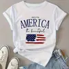 Camiseta Patriotismo para Mujer con Estampado "Beautiful America" - Blanca de Manga Corta con Cuello Redondo, Top Casual, con