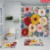 Juego de Cuatro Piezas de Cortina de Ducha y Alfombrilla de Baño con Diseño de Flores y Plantas Transfronterizas para Baño del Hogar, Cortina de Ducha Divisoria de Separación Seca y Húmeda, Cortina de Ducha Impermeable