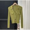 Roupa Feminina Transfronteiriça Novo Início de Outono Nicho Francês Verde Abacate Top de Tricô Feminino Ajustado Decote em V Suéter Elegante