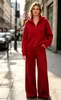 Suéter tejido ruso de punto cruzado europeo y americano para mujer, suéter con capucha y cremallera de otoño e invierno + pantalones holgados de pierna ancha, conjunto casual de dos piezas