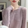 Comercio Exterior Transfronterizo Primavera Otoño Cuello Redondo Canalé Arrugado Camiseta Base Suéter para Mujer Ajuste Delgado Tejido de Punto Raya Vertical Manga Larga