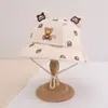 Sombrero de pescador dulce con oso sonriente para niños al por mayor, sombrero cálido de pana para exteriores, sombrero de cubo de dibujos animados para bebé de otoño e invierno