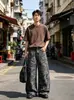 Calça Jeans Camuflada Lavada com Desgastes e Tachas, Estilo Novo de Verão para Exterior, Solta, Reta, Casual, Longa, Tendência