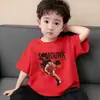 Ropa Infantil Camiseta de Algodón Puro de Manga Corta para Niños Verano Dibujos Animados Impresos Top Camiseta Holgada Fina de Cuello Redondo para Niños