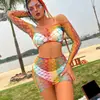 Conjunto de Falda Corta Bodycon de Malla Grande Color Dopamina para Fiesta de Festival de Música Electrónica Rave Transfronterizo, Traje de Baño Sexy para Playa con Protección Solar