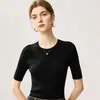 Camiseta de manga corta para mujer, cuello redondo, ajuste ceñido, de hilo Yangzi 100% lana de hilado fino, top de punto suave y cómodo