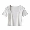 Camiseta feminina justa de gola grande e manga curta, estilo europeu e americano, com âncora, umbigo exposto, base elástica esportiva, fitness, camiseta feminina