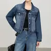 Jaqueta jeans feminina, novo estilo outono, design lavado vintage, patchwork, jaqueta curta versátil para mulheres baixinhas