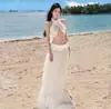Set de Vacaciones en la Isla: Elegante Top Cruzado de Tirantes Ajustado para Mujer con Falda de Dobladillo Fruncido, Vestido de Playa de Dos Piezas