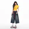 Calças Capris Jeans Vintage de Cintura Alta para Mulheres, Estilo de Verão para Figuras Baixas, Caimento Solto Relaxado Estilo Americano, Shorts de Perna Larga Emagrecedores