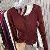 2025 Principios de Otoño Estilo Coreano Cuello Bajo en V Manga Larga Camiseta Básica para Mujer Otoño e Invierno Pura Pasión Sexy Sexy que Revela la Cintura Ajustada Camiseta Top
