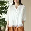Nueva Camisa Vintage de Algodón y Lino para Mujer 2024, Camisa Bordada Artística con Puntadas Delicadas, Elegante Top Ajustado con Parches de Organza