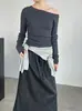 Taochuan Estilo Coreano Hombro Caído Clavícula Expuesta Color de Contraste Aspecto Adelgazante Tejido de Punto Mujer Aspecto Adelgazante Top de Manga Larga Yl698