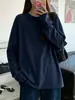 Camiseta básica lisa de manga larga azul oscuro, holgada, moderna, capa base casual de otoño, algodón peinado puro de Xinjiang, peso pesado, cuello redondo