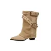 Versão em couro de vaca! Botas Curtas de Garota Popular, Botas Femininas de Salto Grosso Cor Maillard Meio da Panturrilha, Botas Elegantes de Bico Fino com Efeito Emagrecedor