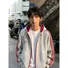 Sudadera con capucha gruesa para hombre de Otoño y Primavera, tres rayas, bloques de color, chaqueta cárdigan con cremallera, top casual holgado de hombros caídos