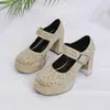 Sapatos Femininos de Tira Única com Solado Grosso e Strass 2026 Nova Coleção Primavera Retro Salto Bloco Bico Quadrado Mary Jane Salto Alto Preto