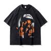 Camiseta de estrella de rap con cabeza grande y cara grande, lavada, retro, hip hop, manga corta, marca de moda, impresión de inyección directa de tinta blanca