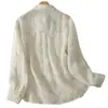 Camisa de algodón y lino con estampado de unicornio para mujer, de verano, corte holgado, fina, de manga larga, transpirable, con cuello