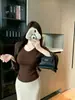 Blusa de tricô com manga sino, acinturada, plissada e de manga três quartos para mulheres nas cores damasco, cáqui, rosa, branco e café