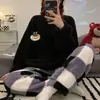 Corea2025 Otoño e Invierno Pijama de Terciopelo Coral para Niñas Cuadros Gato de Dibujos Animados Chica Suave Engrosado Cálido Ropa para el Hogar
