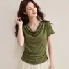 Camiseta de Seda con Cuello Drapeado, Cintura Fruncida, Efecto Adelgazante, Mangas Cortas, Top de Modal Irregular Ultraligero con Tacto de Algodón