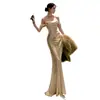 Vestido de compromiso sin tirantes color ámbar con brillo dorado claro, vestido de brindis nupcial de lujo ligero, vestido tipo bata, poliéster ajustado