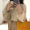Camisa de chiffon vintage coreana Dongdaemun estilo francês com estampa de bolinhas e mangas bufantes, top de corte solto para mulheres