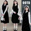 Conjunto de Maternidad Otoño/Invierno Nuevo Encaje Capa Base Vestido Chaleco de Terciopelo Estrella Conjunto de Dos Piezas Estilo Dama Francesa Adelgazante