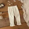 Calça Comprida Nervurada Vazada Estilo Ins de Verão para Bebês e Crianças Pequenas, com Barra Flare e Acabamento em Renda Flor de Ameixa para Passeios de Princesa de Meninas