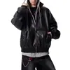 Chaqueta de Cuero Sintético con Capucha Patchwork Retro Americano de Dos Piezas Falsas para Hombres y Mujeres, Tendencia Otoñal Marca Holgada Genial Chaqueta de Motociclista